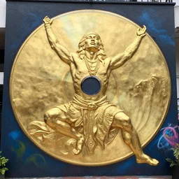 gold disc embossed with the image of a human figure that represents a shamanic practitioner in the throes of spiritual ecstasy, street art, mural art, magnificent, figurative, mystical, colossal, singapur, by siudmak, by kim whanki, by joshua middleton