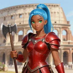 frontview portrait of gladiator warrior lady, young, beautiful, dark skin, light blue hair, ponytail, big open green eyes, cute, red heavy armor, axes, posing, coliseum background, love interest, highly detailed, smooth, sharp focus, digital painting, artgerm and greg rutkowski and alphonse mucha