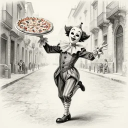 pulcinella the masked puppet is dancing ecstatically through the empty street of naples, holding a large pizza!!!, extremely detailed pencil sketch by silvio fiorillo, from commedia dell'arte