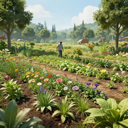permaculture based ego-perspective survival game, flowers, vegetables plants, unreal engine 5, raytraceing