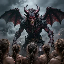 8k ultrarealistic image of The Demon Astaroth smiling down on humans, gloomy background