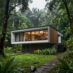 High quality realistic photograph of a modern house in the middle of a rain-forest