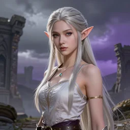 a slim elf from dragon age, ancient ruins in background, storm sky, gradient gray to purple, by nick thornborrow, concept art, digital portrait, high detailed, smooth, sharp focus illustration, volumetric light, artstation