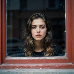 a realistic photographic image of a  young woman behind a window looking at camera, photographic style of Avedon, dramatic colors lighting, real ungine, volumetric lighting