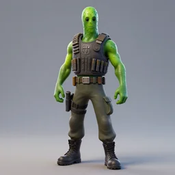 anthropomorphic pickle man wearing bullet proof vest, ammo bandolier, tactical cargo pants, black military boots. fortnite character design