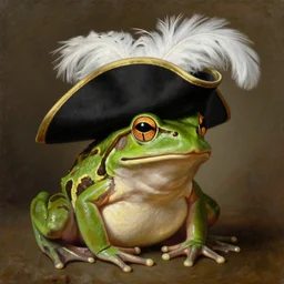 a painting of a frog wearing a black tricorn hat with a white feather, artstation, classical realism, detailed painting, oil on canvas