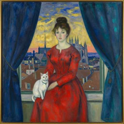 woman in vermillion dress and white cat with city with gothic cathedral seen from a window frame with curtains. dark indigo blue, turquoise, gold, earth brown. sunset. bonnard, henri de toulouse - lautrec, utamaro, matisse, monet