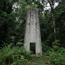 Realistic abandoned concrete monument, overgrown rainforest plants and trees, overcast, long shot, Sigma 100mm, low saturation