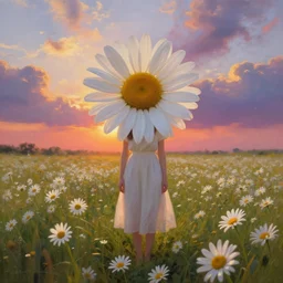 full body daisy flower head, girl standing in a flower field, head hidden behind huge daisy flower, surreal photography, sunrise, dramatic light, impressionist painting, colorful clouds, digital painting, artstation, simon stalenhag