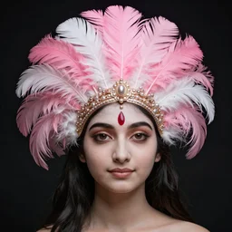 stunning indian godess princess, detailed pink and white feathers head peace against a black backdrop by ivan aivazovsky, 3 / 4 view portrait, wlop, super sharp details, photorealism, canon 5 d, 5 0 mm lens, stunning photoshot, beautiful soft lighting, muted colours, artstation