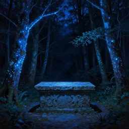 large stone altar surrounded by blue bioluminescent trees with bright spots in dense forest forest, at night, very dark, bright contrast, Ruan Jian, Ismail Inceoglu, digital 4K painting