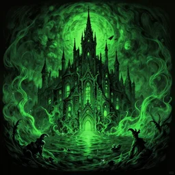 hardmesh draw - innsmouth city, lovecraft, cthulhu mythos arkham horror, fluid horror, green and black, fogy, sea, by evgeniy musienko, francois baranger