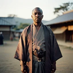 analogue photo of an Igbo tribal chief in Japanese Haori & Hakama, 35mm, f/1.4, Golden Hour light, photo shot my Martha Cooper,