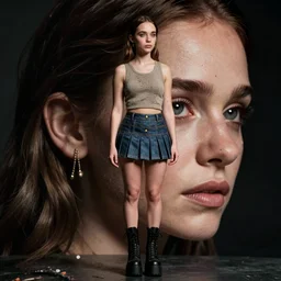 emilia clarke in mini skirt and crop top tank top, platform boots, beautiful face, intricate, extremely detailed, modeling photography, 8 0 mm camera, dramatic lighting, dark room, body and face