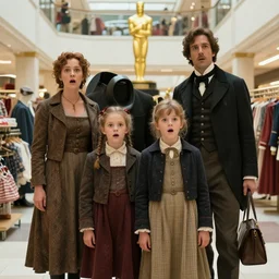sharp, highly detailed, 8k, 65mm film, high quality frame scan from a sci fi blockbuster color movie made in 2019, a family of four time travelers from 1860 travel in time to 2019, appearing in a shopping mall, looking surprised, the family are all wearing 1860s era clothes, good lighting, in focus, cinematic still, high quality scan, in focus, 24mm macro lens, oscar winner, award winning lighting, award winning photography, ultra high definition