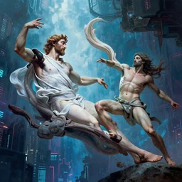 The Creation of Adam in a cyberpunk style