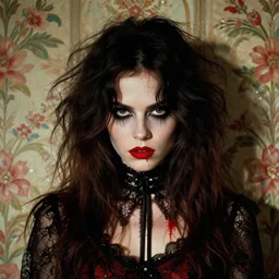 a beautiful but sinister girl who looks like shirley henderson in layers of fear, wearing goth lace, with fierce eyes and wild hair, 1 9 7 0 s, seventies, floral wallpaper, delicate embellishments, a little blood, crimson, painterly, offset printing technique, by jules bastien - lepage