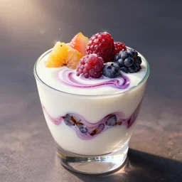 mixed berry parfait yogurt cup, swirling fruits and stylized yogurt, sylvain sarrailh, fantasy, sparkling, radiant lighting