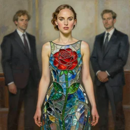 nathalie portman wearing a dress made from stained glass in the design of a rose. painting by artgerm and greg rutkowski and ilya kuvshinov