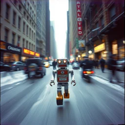 kodak portra 4 0 0, wetplate, muted colours portrait by saul leiter of a tiny photoreal tin toy robot running fast trough a busy new york deep snowy street, motion blur, tiny gaussian blur, insanely detailed, insanely intricate, insanely beautiful, depth of field, snow, wide aperture, color photography