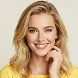 portrait tres jolie d'une souriante femme 2 5 ans ongle 9 0 degree, cheveux moyen jaune blonde caractere avec un chapeau orange, cheveaux sorte un peu du chapeau, la femme mets sa main sur le chapeau pour essayer de le retenir.