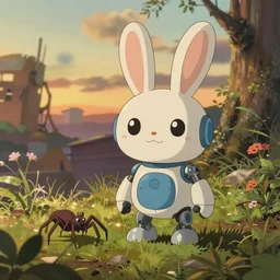 a wholesome animation key shot of a post apocalyptic 8 0's cute robotic bunny and spider, vegetation, warm evening light by studio ghibli, no dof, everything sharp, animation, sharp, rendered in unreal engine 5, focused, anime key art by greg rutkowski, bloom, dramatic lighting