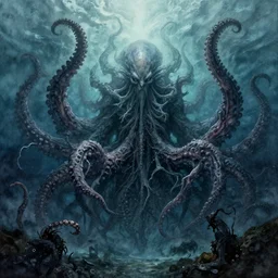 old god eldritch horror terrifying the deep abyss of the ocean floor, epic scene, underwater photography, hyper - detailed, gigantic cthulhu, swarm of tentacles, dark art, watercolor paint, epic composition