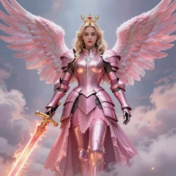 gorgeous!! hyper - realistic woman resembling emilia clarke as a princess wearing ornate pink knight armor, angel wings, angemon, princess elsa l holding a fiery long sword | divine, elegant, ethereal, heavenly, clouds, holy, fantasy | illustration, intricate, high detail, ultra graphics, digital painting | drawn by wlop, drawn by jeehyung lee, drawn by artgerm