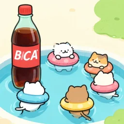 cats having a pool party in a giant bottle of cola, wearing inflatable rings for swimming, where the pool is cola | cartoon | simplified
