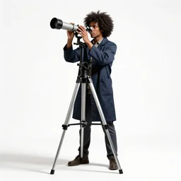 afro-haired astronomer with telescope, studio photography, full body, standing, isolated on a pure white background, centered, whole figure in frame, sharp focus, studio lighting