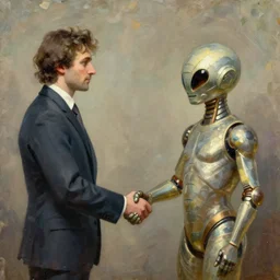 human leader and martian leader shaking hands and making peace, oil painting