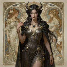 demoness, female, d & d, fantasy, intricate, elegant, highly detailed, digital painting, artstation, octane render, concept art, matte, sharp focus, illustration, hearthstone, art by artgerm and steve argyle and alphonse mucha and johannes voss