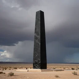 a long shot photograph by galen rowell depicting a gigantic black onyx memorial towering above in an arid desert landscape with roiling storm clouds