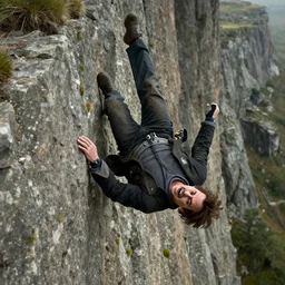 johnny depp falling down a cliff with the camera pointing downwards at his face as you can see him scream while falling down the cliff, realistic, movie scene, dramatic, hdr, clear image,