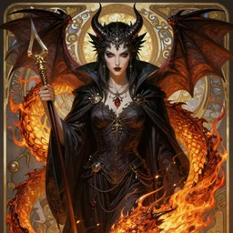 a beautiful satanic sorcerer and a fire - dragon, intricate, sharp focus, illustration, highly detailed, digital painting, concept art, matte, art by wlop and artgerm and greg rutkowski and alphonse mucha, masterpiece