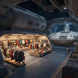 Concept art of inside a large passenger spaceship, with a clothing store at the side, from a space themed point and click 2D graphic adventure game, made in 2019, high quality graphics
