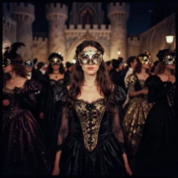 lomography, full body portrait photo of reol in a castle interior at a crowded masquerade party with many people wearing an ornate dress, moody, realistic, dark, skin tinted a warm tone, light blue filter, hdr, rounded eyes, detailed facial features, very dark