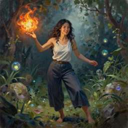 female portrait, smiling hapa sorceress wearing culottes, chasing will-o-wisps casting a fireball in a garden, award-winning fantasy oil portrait