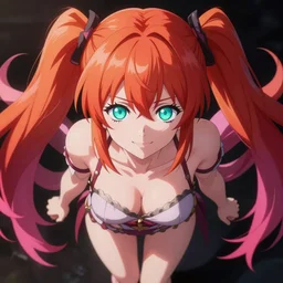 stunningly beautiful omnipotent megalomaniacal anime goddess who looks like junko enoshima with symmetrical perfect face and porcelain skin, red / orange / pink twintail hair and cyan eyes, looking down upon the viewer and taking control while smiling in a mischievous way, mid view from below her feet taken in an extremely low angle, hyperdetailed, 2 d, octane render, 8 k