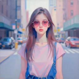 portrait of a beautiful girl, standing in new york, shades of pink and blue, by ruan jia, by john chamberlain