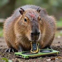 photo of a capybara eating a nvidia gpu, nature photography, 8 k, canon 3 0 0 mm, professional photographer, 4 0 mp, lifelike, top - rated, award winning, realistic, sharp, no blur, edited, corrected, trending