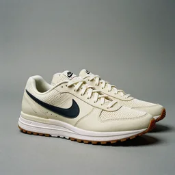 a studio photoshoot of Nike air running sneakers designed by Tom Sachs, cream leather with knitted mesh material, gum rubber outsole, realistic, color film photography by Tlyer Mitchell, 35 mm, graflex