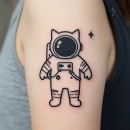 cat astronaut space tattoo, line drawing, minimalistic, geometric, black