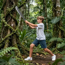 “a young teen, wearing only a pair of shorts and white shoes swinging a machete at a monster made of vines. Thick jungle, daytime”