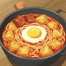 anime food in a flask with a cork, spicy, noodles, egg, paprika, potatoes, meat