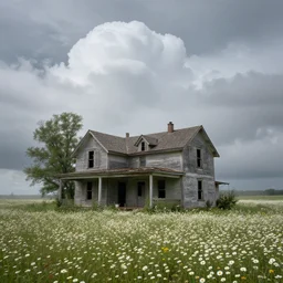 old abandoned house in daisy field, cloudy sky, huge cloud, mist, ultra - realiste, cinematic, hd, 8 k
