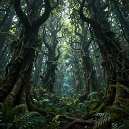 amazing nature, detailed, artwork trees, scary fairy tale mystical forest, cinematic view, magical jungle, beautiful, epic foliage, fantasy, fairy tale, forest landscape, twisted creepy trees, high detail, trending on artstation, huge scene, vivid, concept art, volumetric