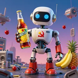 happy communist chinese robot holding a bottle of delicious pineapple, cherry & banana flavoured nuka cola, post apocalypse, unreal engine, retro futurism, dieselpunk, 3 d art, concept art, highly detailed, pop art, by artgerm and jakub rozalsky