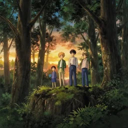 wisp, forest, standing on a tree top, 4 k, artgerm, high detail, dramatic lighting, sunset, hayao miyazaki, masashi ando, nizou yamamoto, kazuo oga, joe hisaishi, yoji takeshige, naoya tanaka