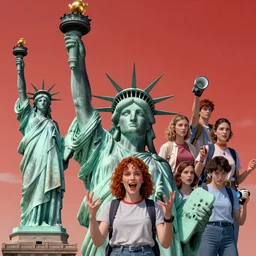 Eleven from Stranger Things using her powers on the Statue of Liberty HD hyper detailed photorealistic